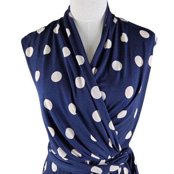 Eliza J Polka Dot Jersey Faux Wrap Dress Size 8 Fully Lined Belt Navy Blue Cream - Picture 2 of 11